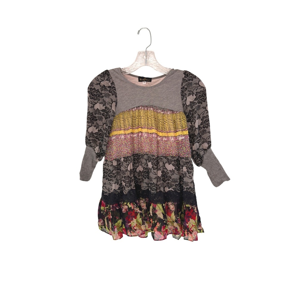 Hannah Banana Dress Gray Patchwork Girl's Lace Floral Long Sleeve Size 6X